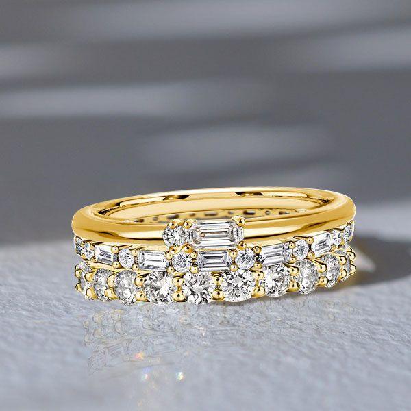 Golden Baguette & Round Cut Stackable Ring Set - 18K Gold Plated