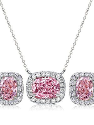 Pink Stone Cushion Cut Halo Necklace & Earrings Set - Sterling Silver
