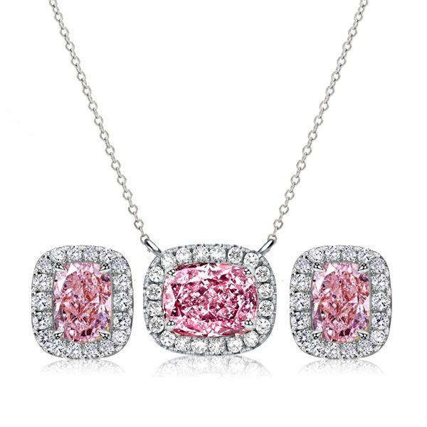 Pink Stone Cushion Cut Halo Necklace & Earrings Set - Sterling Silver