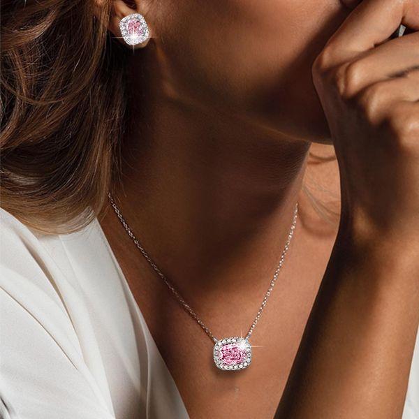 Pink Stone Cushion Cut Halo Necklace & Earrings Set - Sterling Silver