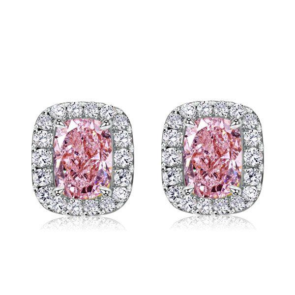 Pink Stone Cushion Cut Halo Necklace & Earrings Set - Sterling Silver