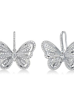 Sterling Silver Butterfly Drop Earrings with White Sapphires