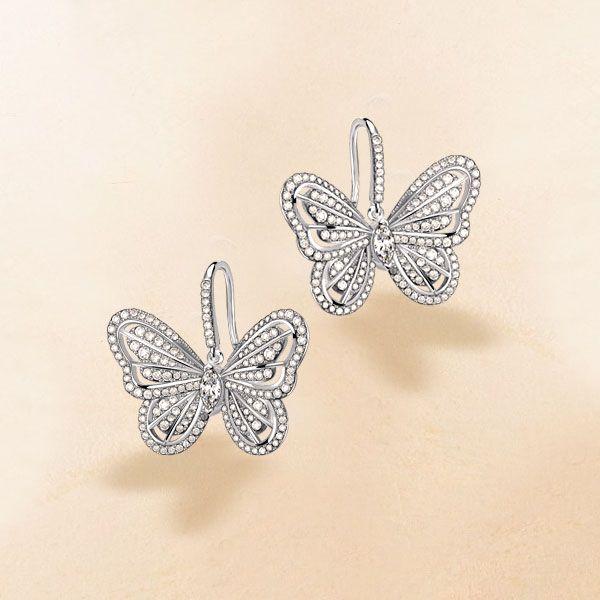 Sterling Silver Butterfly Drop Earrings with White Sapphires