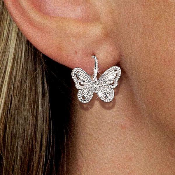 Sterling Silver Butterfly Drop Earrings with White Sapphires
