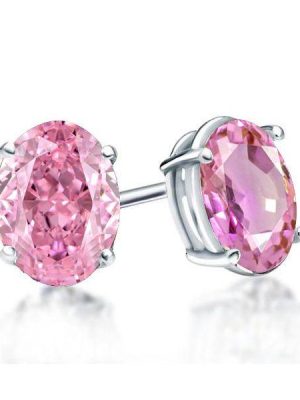 Sterling Silver Hot Pink Oval Stud Earrings for Women - Rhodium Plated