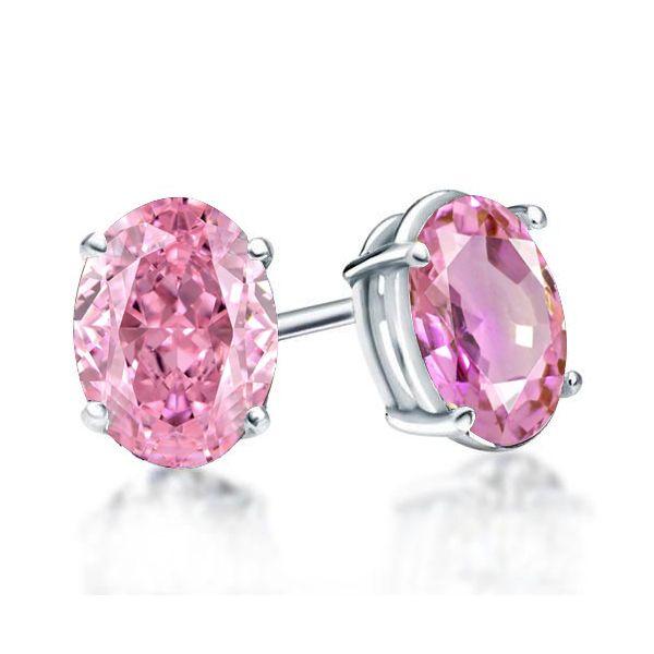 Sterling Silver Hot Pink Oval Stud Earrings for Women - Rhodium Plated
