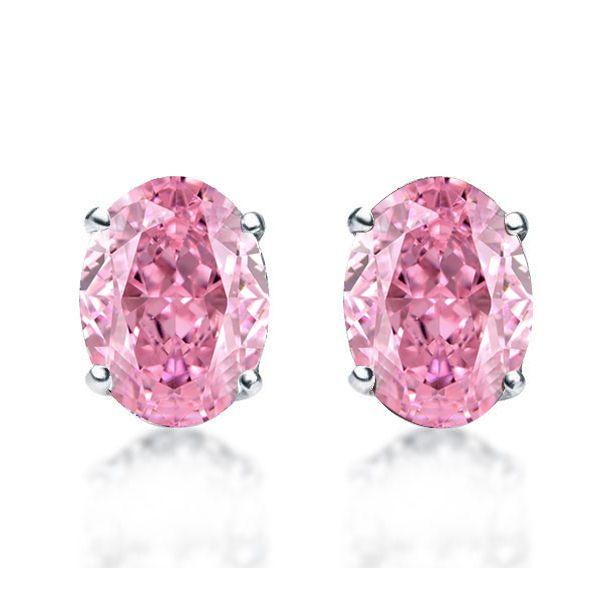 Sterling Silver Hot Pink Oval Stud Earrings for Women - Rhodium Plated