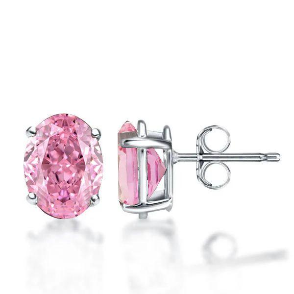 Sterling Silver Hot Pink Oval Stud Earrings for Women - Rhodium Plated