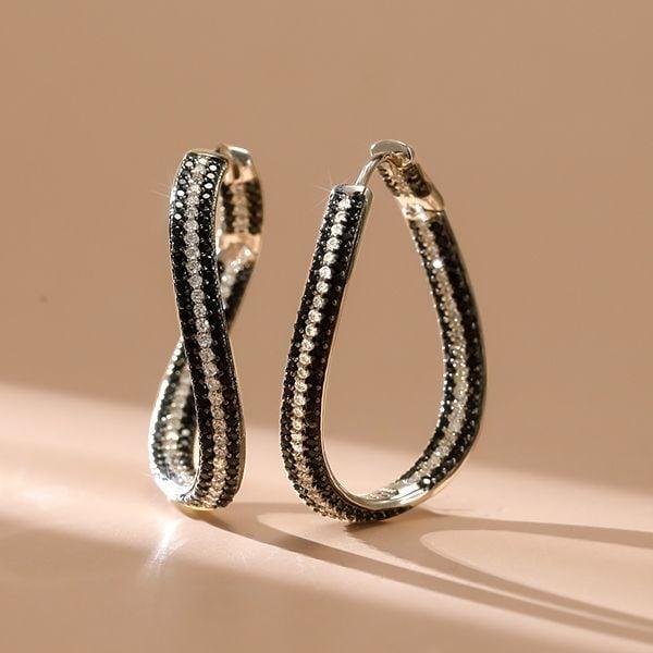 Pave Set Black Sapphire Twist Hoop Earrings in 925 Sterling Silver