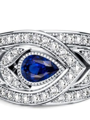 Pear Cut Blue Sapphire Wedding Band in 925 Sterling Silver with Rhodium Plating