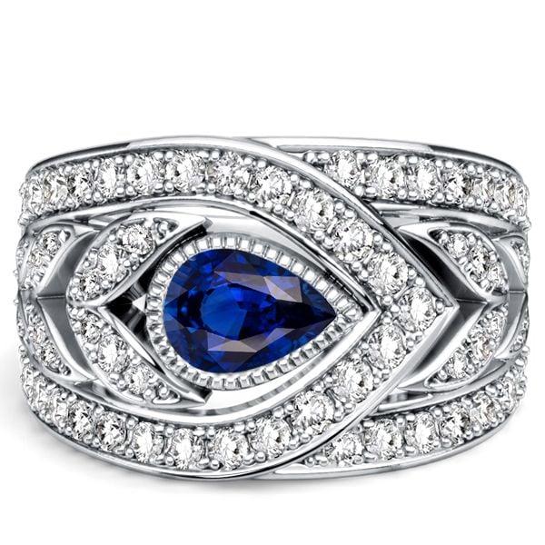 Pear Cut Blue Sapphire Wedding Band in 925 Sterling Silver with Rhodium Plating