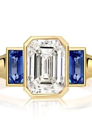 Affordable Emerald Cut Three Stone Engagement Ring with Gold Plated Bezel Setting