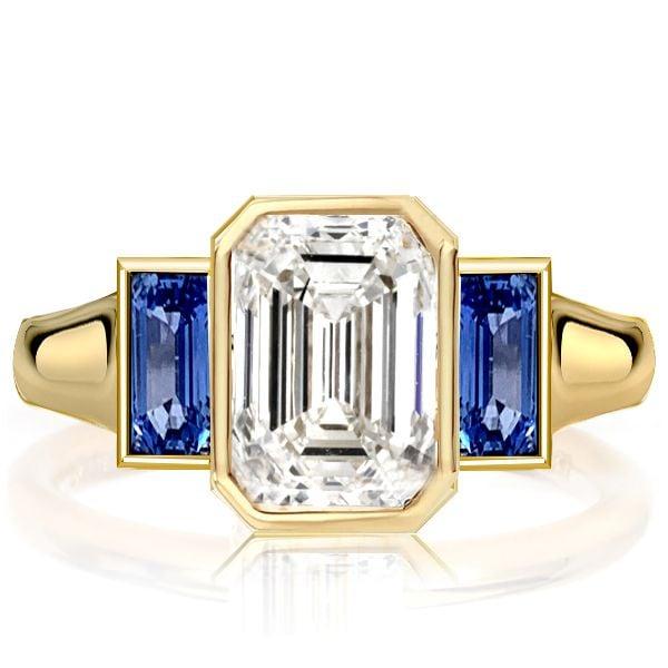 Affordable Emerald Cut Three Stone Engagement Ring with Gold Plated Bezel Setting