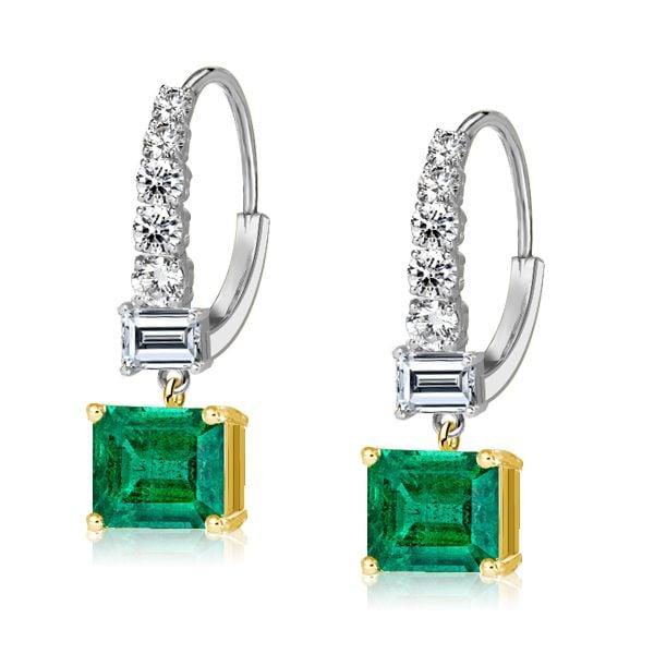 Emerald Cut Emerald and Sapphire Drop Earrings in Rhodium Plated 925 Sterling Silver