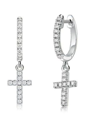Sterling Silver Cross Drop Huggie Earrings for Women with White Stones