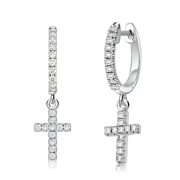 Sterling Silver Cross Drop Huggie Earrings for Women with White Stones