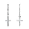 Sterling Silver Cross Drop Huggie Earrings for Women with White Stones