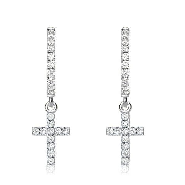 Sterling Silver Cross Drop Huggie Earrings for Women with White Stones