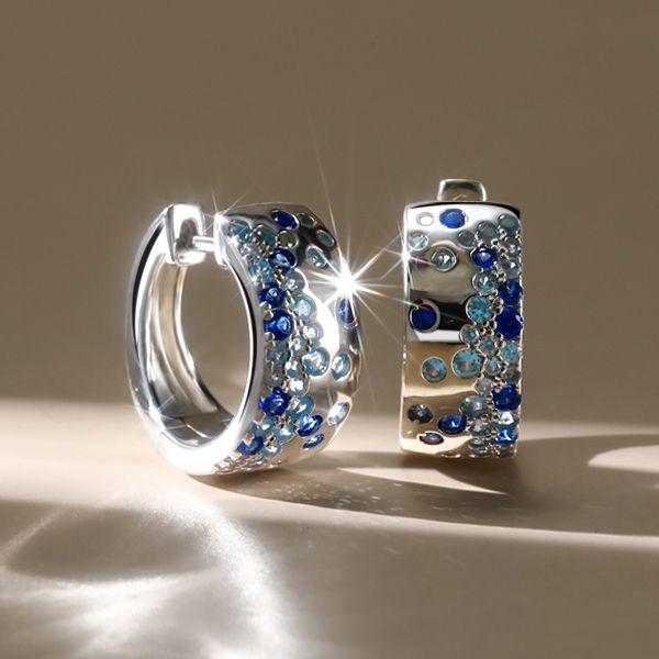 Aquamarine Hoop Earrings - Sterling Silver Flush Set Gemstone Hoops