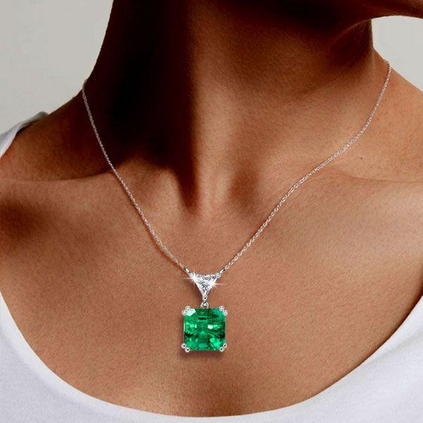 Asscher Cut Emerald & Sapphire Pendant Necklace - Sterling Silver