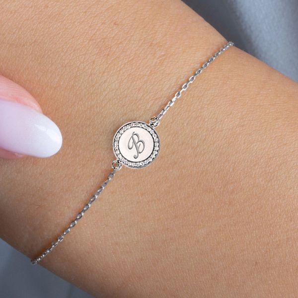 Personalized Circle Initial Bracelet - 925 Sterling Silver Engraved Charm