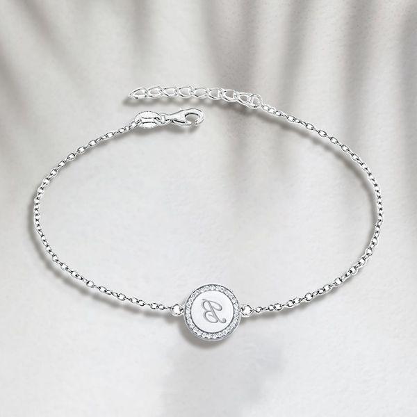 Personalized Circle Initial Bracelet - 925 Sterling Silver Engraved Charm