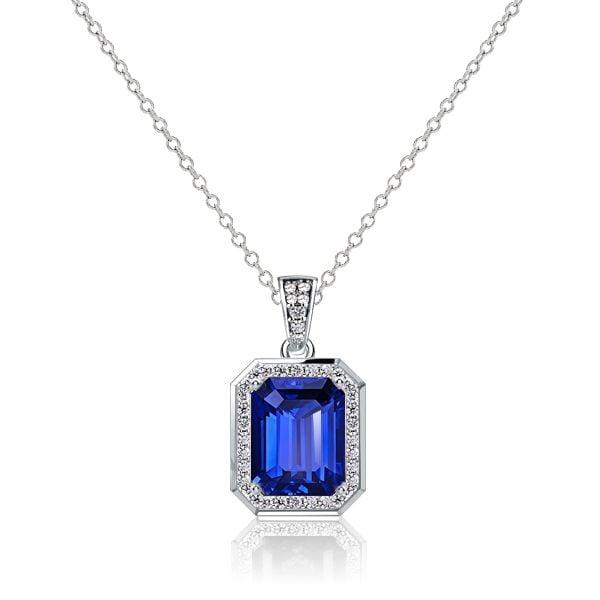 Halo Blue Emerald Pendant Necklace for Women in 925 Sterling Silver