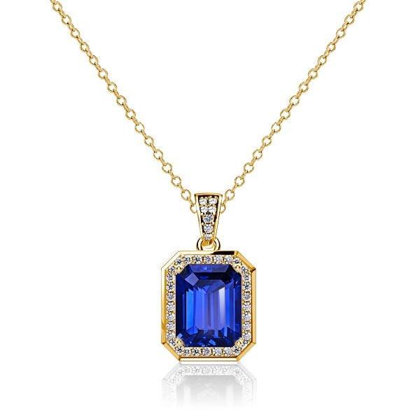 Halo Blue Emerald Pendant Necklace for Women in 925 Sterling Silver