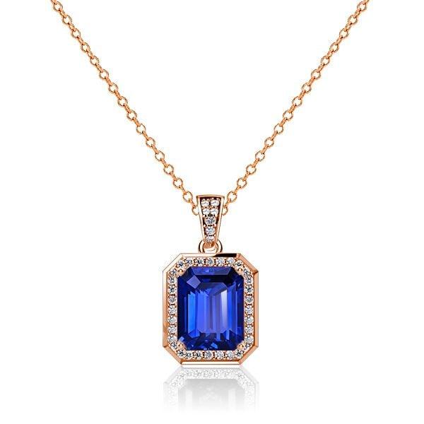 Halo Blue Emerald Pendant Necklace for Women in 925 Sterling Silver