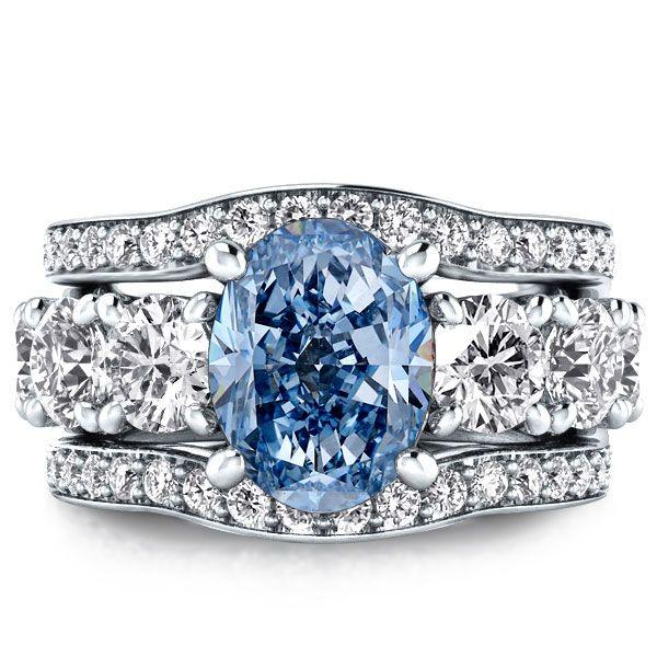 Oval Blue & White Sapphire 3-Piece Wedding Ring Set - Sterling Silver