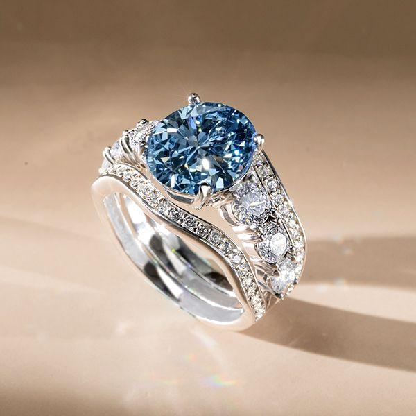 Oval Blue & White Sapphire 3-Piece Wedding Ring Set - Sterling Silver