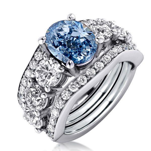 Oval Blue & White Sapphire 3-Piece Wedding Ring Set - Sterling Silver