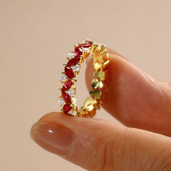 18K Gold Plated Sterling Silver Ruby Wedding Band with Marquise and Round Cut Stones