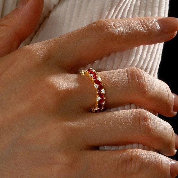 18K Gold Plated Sterling Silver Ruby Wedding Band with Marquise and Round Cut Stones