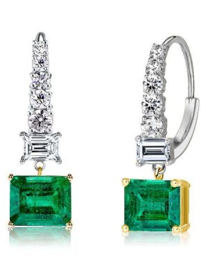 Two-Tone Emerald Cut Emerald & Sapphire Drop Earrings in Sterling Silver