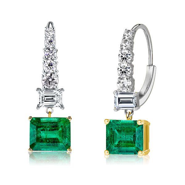 Two-Tone Emerald Cut Emerald & Sapphire Drop Earrings in Sterling Silver
