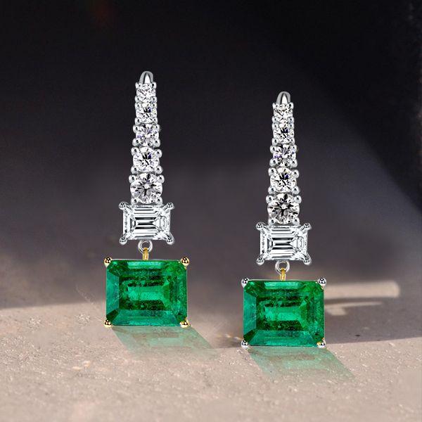 Two-Tone Emerald Cut Emerald & Sapphire Drop Earrings in Sterling Silver