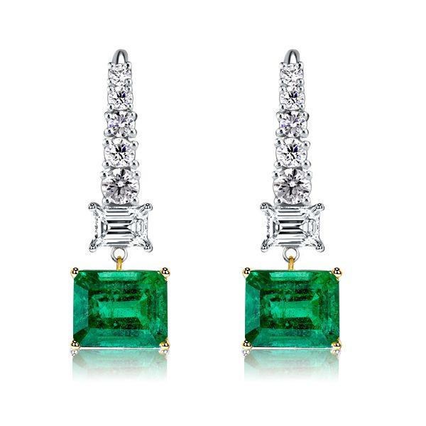 Two-Tone Emerald Cut Emerald & Sapphire Drop Earrings in Sterling Silver