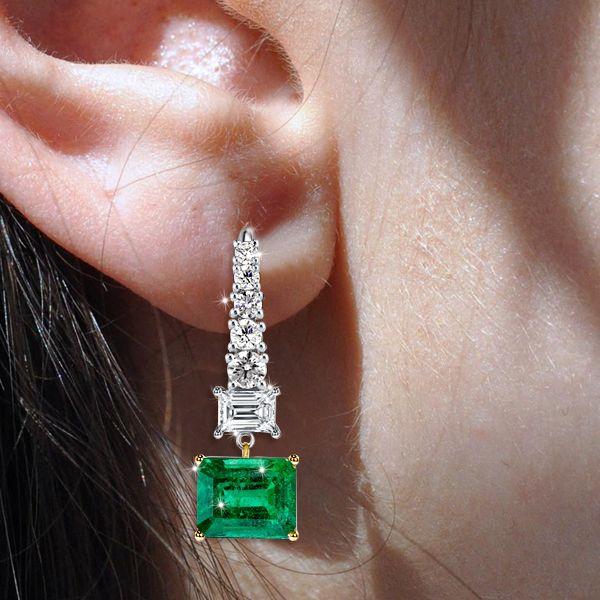 Two-Tone Emerald Cut Emerald & Sapphire Drop Earrings in Sterling Silver