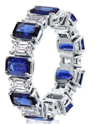 Sterling Silver Alternating Blue & White Sapphire Emerald Cut Eternity Band