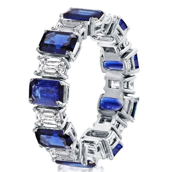 Sterling Silver Alternating Blue & White Sapphire Emerald Cut Eternity Band