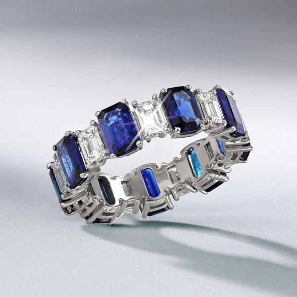 Sterling Silver Alternating Blue & White Sapphire Emerald Cut Eternity Band