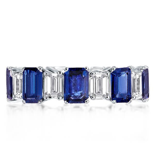 Sterling Silver Alternating Blue & White Sapphire Emerald Cut Eternity Band