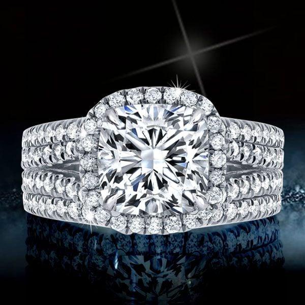 Halo Cushion White Sapphire 3-Piece Wedding Set in Sterling Silver