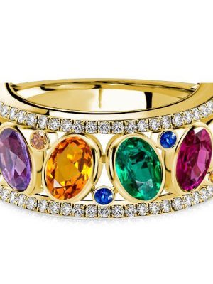 Oval Multi-Color Sapphire Wedding Band Ring in 18K Gold Plated Sterling Silver