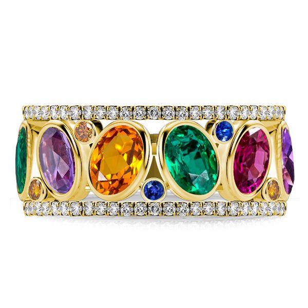 Oval Multi-Color Sapphire Wedding Band Ring in 18K Gold Plated Sterling Silver