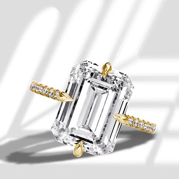 Emerald Cut Golden Hidden Halo Engagement Ring in 18K Gold Plated Sterling Silver