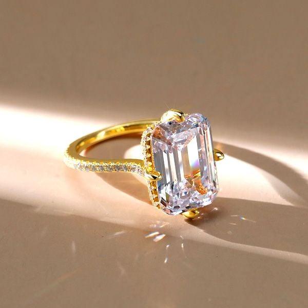 Emerald Cut Golden Hidden Halo Engagement Ring in 18K Gold Plated Sterling Silver