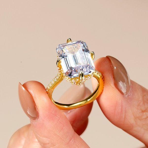 Emerald Cut Golden Hidden Halo Engagement Ring in 18K Gold Plated Sterling Silver