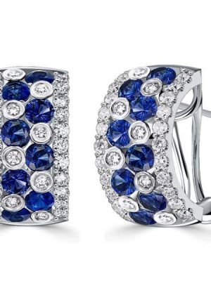 Vintage Blue and White Sapphire Bezel Set Sterling Silver Omega Hoop Earrings